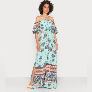 Free People Bali Citrus Skies Jumpsuit Size Medium Aquamarine Blue Pink Combo